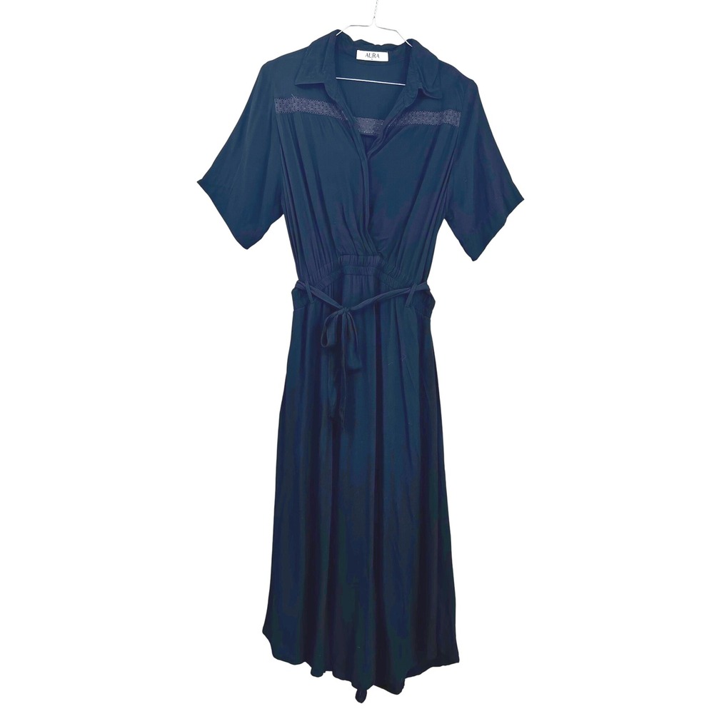 AURA Black Midi Dress‎ Short Sleeve Collared Lace Accents Belted Career Casual L